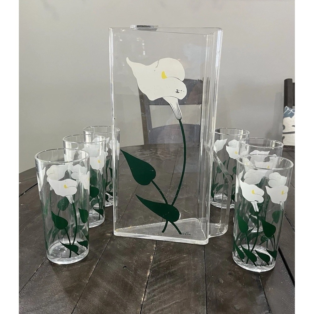 Vtg Cora‎ Acrylic Calla Lilly Pitcher 6 Cups Floral MCM